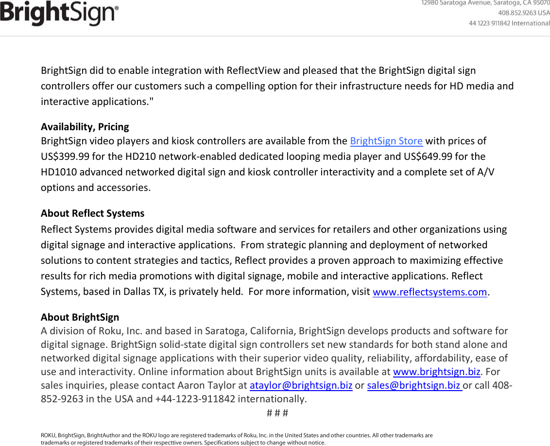 Page 2 of 3 - Client Contact  Bright Sign Announces Reflect View Software Support For Its Network-enabled Digital Signage Media Players
