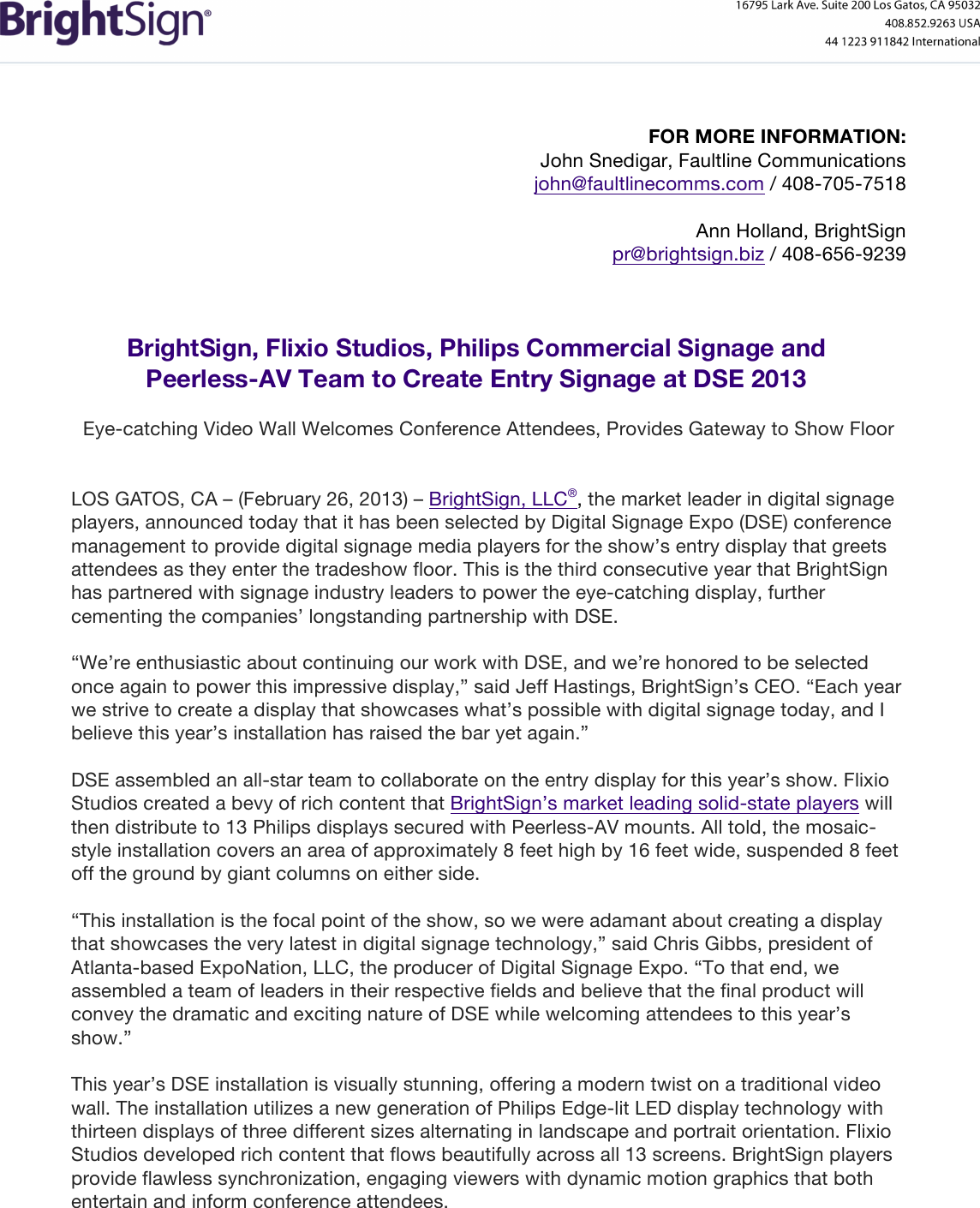 Page 1 of 3 - BrightSign DSE Entry Press Release  Bright Sign Powers Signage For Third Consecutive Year