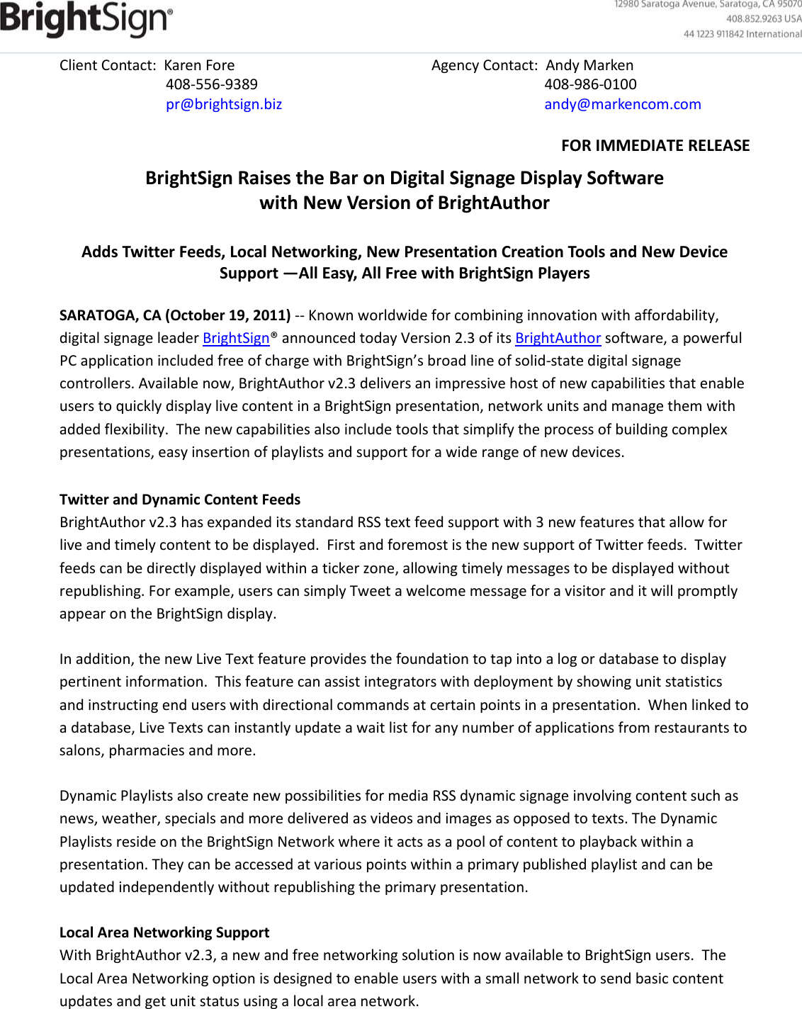 Page 1 of 3 - Bright Sign Raises The Bar On Digital Signage Display Software With New Version Of Author