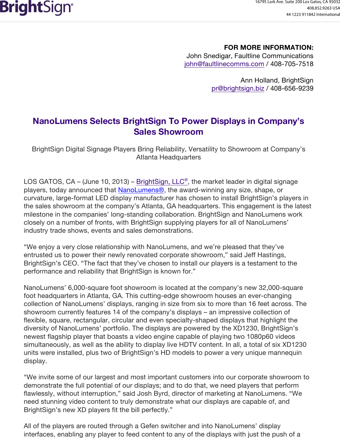 Page 1 of 3 - BrightSign NanoLumens Press Release_x  Nano Lumens Selects Bright Sign To Power Displays In Company Sales Showroom