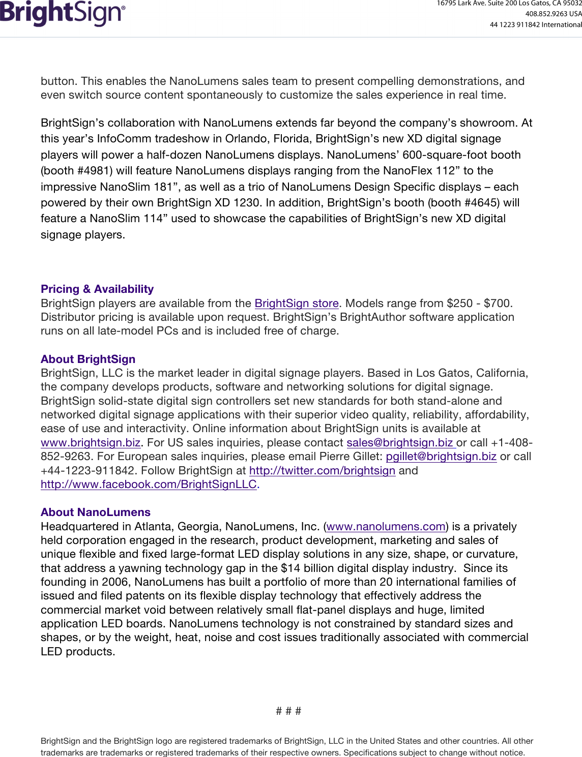 Page 2 of 3 - BrightSign NanoLumens Press Release_x  Nano Lumens Selects Bright Sign To Power Displays In Company Sales Showroom