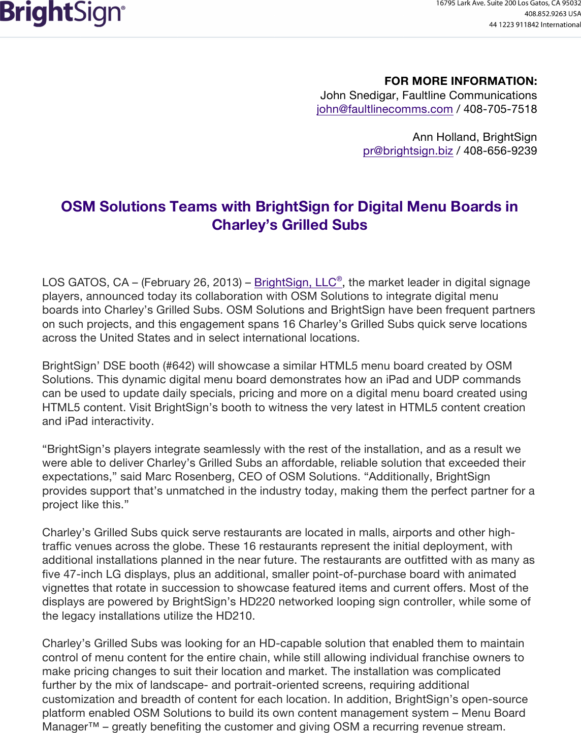 Page 1 of 2 - BrightSign DSE Charleys Grilled Subs Press Release  OSM Solutions Teams With Bright Sign For Digital Menu Boards