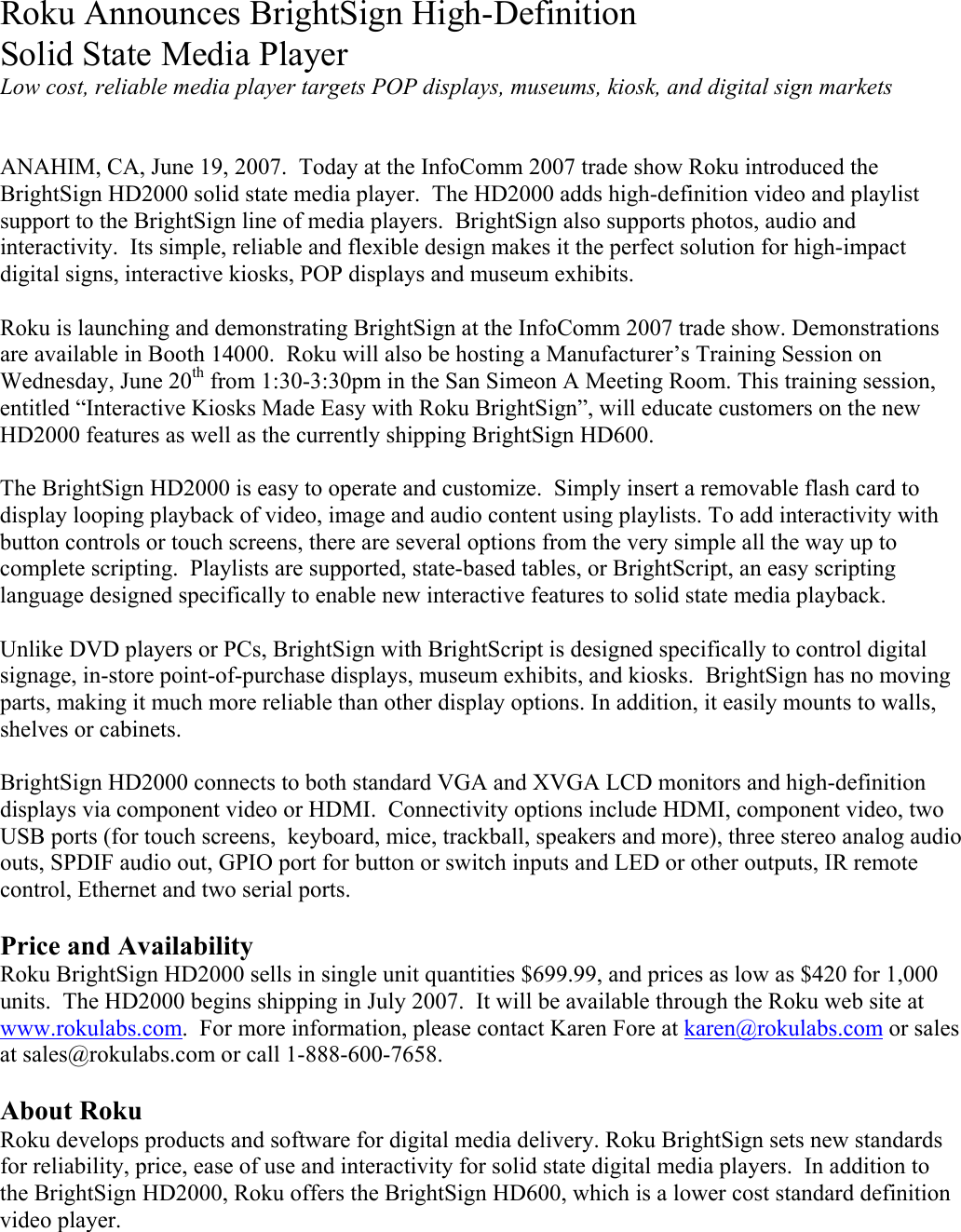 HD2000 Press Release Roku Announces High Definition Bright Sign