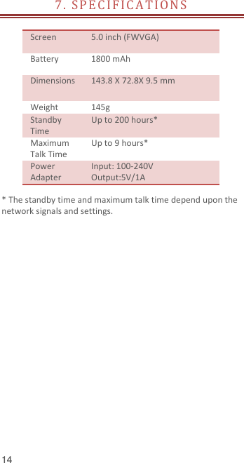  14 7 .   SP E C I F I C A T IO N S     Screen   5.0 inch (FWVGA) Battery   1800 mAh Dimensions 143.8 X 72.8X 9.5 mm Weight 145g Standby Time Up to 200 hours* Maximum Talk Time Up to 9 hours* Power Adapter Input: 100-240V Output:5V/1A  * The standby time and maximum talk time depend upon the network signals and settings.   