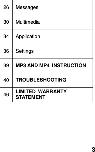  3 26 Messages 30 Multimedia 34 Application 36 Settings 39 MP3 AND MP4  INSTRUCTION 40 TROUBLESHOOTING 46 LIMITED  WARRANTY   STATEMENT 