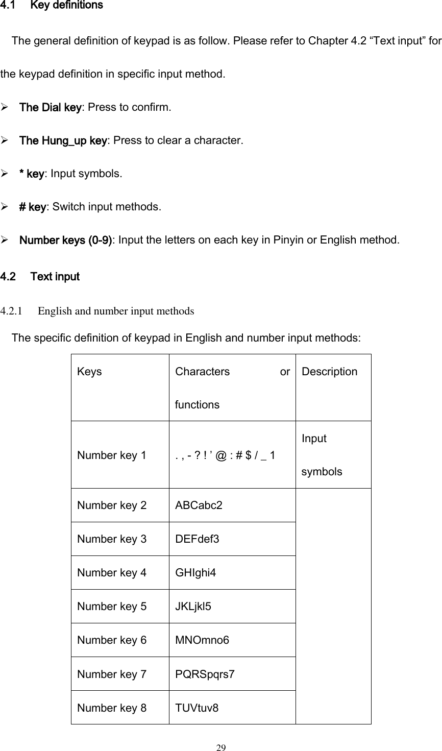  29 4.1 Key definitions The general definition of keypad is as follow. Please refer to Chapter 4.2 “Text input” for the keypad definition in specific input method.  The Dial key: Press to confirm.  The Hung_up key: Press to clear a character.  * key: Input symbols.  # key: Switch input methods.  Number keys (0-9): Input the letters on each key in Pinyin or English method. 4.2 Text input 4.2.1 English and number input methods The specific definition of keypad in English and number input methods: Keys Characters  or functions Description Number key 1 . , - ? ! ’ @ : # $ / _ 1 Input symbols Number key 2 ABCabc2  Number key 3 DEFdef3 Number key 4 GHIghi4 Number key 5 JKLjkl5 Number key 6 MNOmno6 Number key 7 PQRSpqrs7 Number key 8 TUVtuv8 