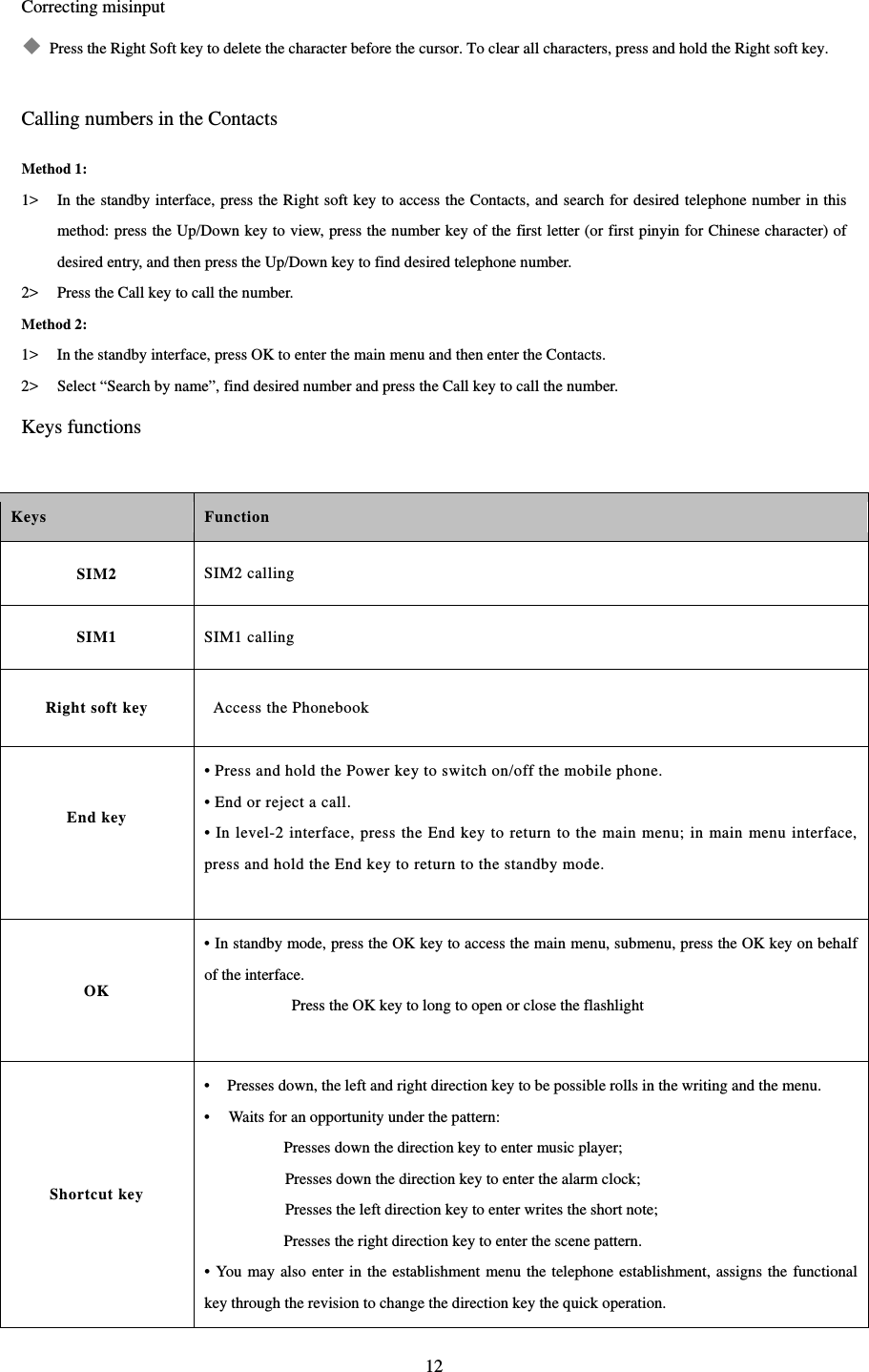  12  Correcting misinput    Press the Right Soft key to delete the character before the cursor. To clear all characters, press and hold the Right soft key.    Calling numbers in the Contacts Method 1: 1&gt; In the standby interface, press the Right soft key to access the Contacts, and search for desired telephone number in this method: press the Up/Down key to view, press the number key of the first letter (or first pinyin for Chinese character) of desired entry, and then press the Up/Down key to find desired telephone number.   2&gt; Press the Call key to call the number.   Method 2: 1&gt; In the standby interface, press OK to enter the main menu and then enter the Contacts.   2&gt; Select “Search by name”, find desired number and press the Call key to call the number.   Keys functions  Keys Function SIM2 SIM2 calling SIM1 SIM1 calling Right soft key     Access the Phonebook End key    • Press and hold the Power key to switch on/off the mobile phone.   • End or reject a call.   • In level-2 interface, press the End key to return to the main menu; in main menu interface, press and hold the End key to return to the standby mode.    OK • In standby mode, press the OK key to access the main menu, submenu, press the OK key on behalf of the interface.                       Press the OK key to long to open or close the flashlight  Shortcut key •    Presses down, the left and right direction key to be possible rolls in the writing and the menu. •    Waits for an opportunity under the pattern:   Presses down the direction key to enter music player;          Presses down the direction key to enter the alarm clock;                   Presses the left direction key to enter writes the short note;                     Presses the right direction key to enter the scene pattern. • You may also enter in the establishment menu the telephone establishment, assigns the functional key through the revision to change the direction key the quick operation. 