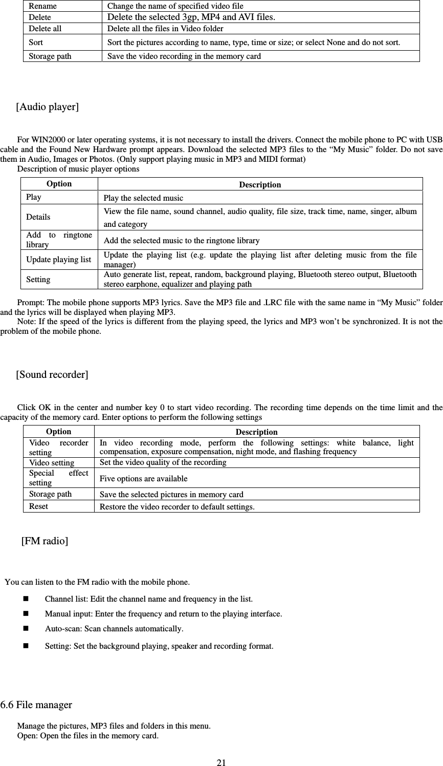  21Rename Change the name of specified video fileDelete Delete the selected 3gp, MP4 and AVI files. Delete all Delete all the files in Video folderSort Sort the pictures according to name, type, time or size; or select None and do not sort.   Storage path Save the video recording in the memory card [Audio player] For WIN2000 or later operating systems, it is not necessary to install the drivers. Connect the mobile phone to PC with USB cable and the Found New Hardware prompt appears. Download the selected MP3 files to the “My Music” folder. Do not save them in Audio, Images or Photos. (Only support playing music in MP3 and MIDI format)   Description of music player options   Option Description Play Play the selected music   Details   View the file name, sound channel, audio quality, file size, track time, name, singer, album and category   Add to ringtone library Add the selected music to the ringtone library Update playing list Update the playing list (e.g. update the playing list after deleting music from the file manager) Setting Auto generate list, repeat, random, background playing, Bluetooth stereo output, Bluetooth stereo earphone, equalizer and playing pathPrompt: The mobile phone supports MP3 lyrics. Save the MP3 file and .LRC file with the same name in “My Music” folder and the lyrics will be displayed when playing MP3.   Note: If the speed of the lyrics is different from the playing speed, the lyrics and MP3 won’t be synchronized. It is not the problem of the mobile phone.    [Sound recorder] Click OK in the center and number key 0 to start video recording. The recording time depends on the time limit and the capacity of the memory card. Enter options to perform the following settings   Option DescriptionVideo recorder setting In video recording mode, perform the following settings: white balance, light compensation, exposure compensation, night mode, and flashing frequency   Video setting Set the video quality of the recording Special effect setting Five options are available   Storage path Save the selected pictures in memory cardReset Restore the video recorder to default settings.  [FM radio] You can listen to the FM radio with the mobile phone.    Channel list: Edit the channel name and frequency in the list.    Manual input: Enter the frequency and return to the playing interface.    Auto-scan: Scan channels automatically.    Setting: Set the background playing, speaker and recording format.     6.6 File manager Manage the pictures, MP3 files and folders in this menu.   Open: Open the files in the memory card.   