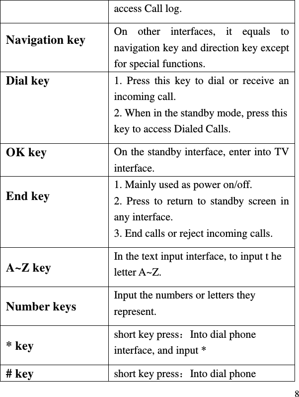  8 access Call log. Navigation key  On  other  interfaces,  it  equals  to navigation key and direction key except for special functions.   Dial key  1.  Press  this  key  to  dial  or  receive  an incoming call.   2. When in the standby mode, press this key to access Dialed Calls. OK key  On the standby interface, enter into TV interface. End key    1. Mainly used as power on/off.   2. Press  to  return  to  standby screen in any interface. 3. End calls or reject incoming calls. A~Z key In the text input interface, to input t he letter A~Z. Number keys Input the numbers or letters they represent. * key short key press：Into dial phone interface, and input * # key short key press：Into dial phone 