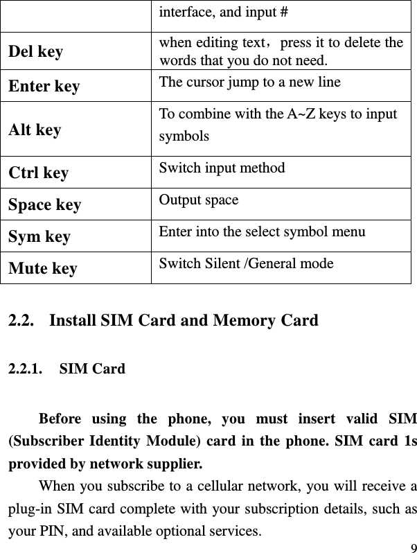  9 interface, and input # Del key when editing text，press it to delete the words that you do not need. Enter key The cursor jump to a new line Alt key To combine with the A~Z keys to input symbols Ctrl key Switch input method Space key Output space Sym key Enter into the select symbol menu Mute key Switch Silent /General mode 2.2. Install SIM Card and Memory Card 2.2.1. SIM Card Before  using  the  phone,  you  must  insert  valid  SIM (Subscriber Identity Module) card in the phone. SIM card 1s provided by network supplier.   When you subscribe to a cellular network, you will receive a plug-in SIM card complete with your subscription details, such as your PIN, and available optional services. 