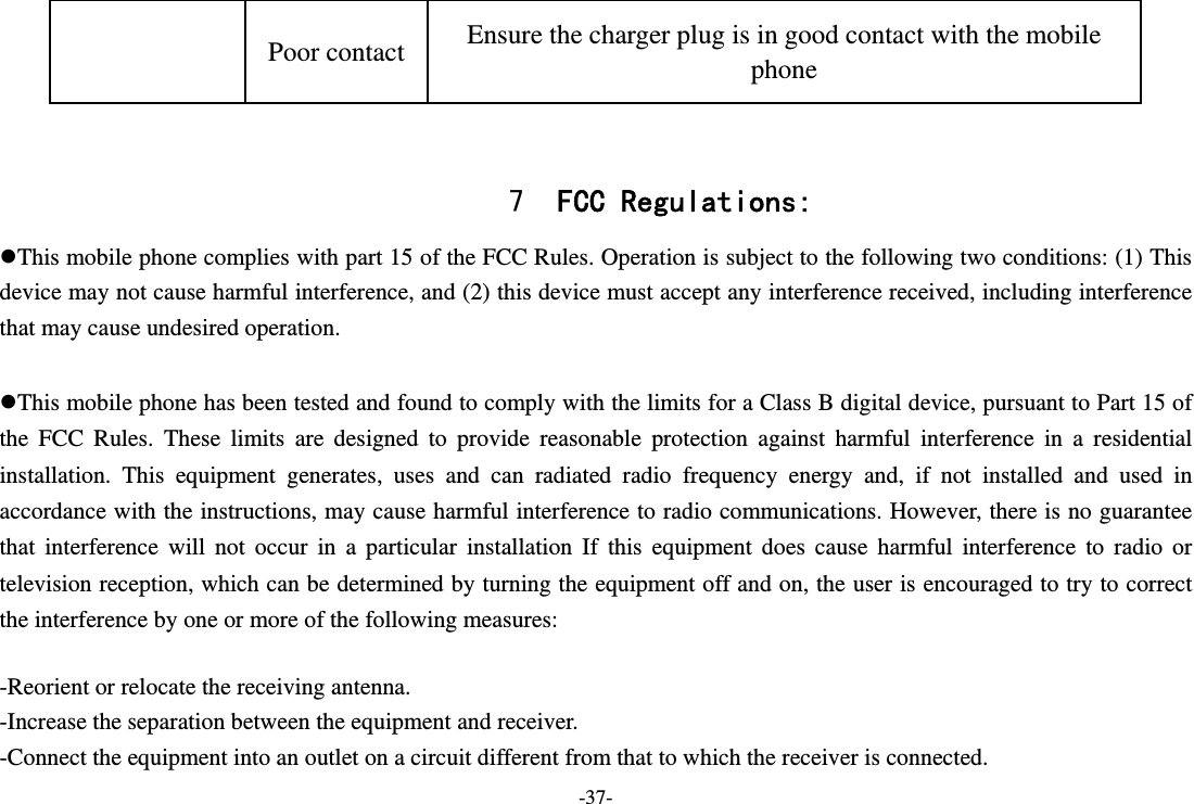 -37-  7 FCC Regulations: This mobile phone complies with part 15 of the FCC Rules. Operation is subject to the following two conditions: (1) This device may not cause harmful interference, and (2) this device must accept any interference received, including interference that may cause undesired operation.  This mobile phone has been tested and found to comply with the limits for a Class B digital device, pursuant to Part 15 of the FCC Rules. These limits are designed to provide reasonable protection against harmful interference in a residential installation. This equipment generates, uses and can radiated radio frequency energy and, if not installed and used in accordance with the instructions, may cause harmful interference to radio communications. However, there is no guarantee that interference will not occur in a particular installation If this equipment does cause harmful interference to radio or television reception, which can be determined by turning the equipment off and on, the user is encouraged to try to correct the interference by one or more of the following measures:  -Reorient or relocate the receiving antenna. -Increase the separation between the equipment and receiver. -Connect the equipment into an outlet on a circuit different from that to which the receiver is connected. Poor contact  Ensure the charger plug is in good contact with the mobile phone 