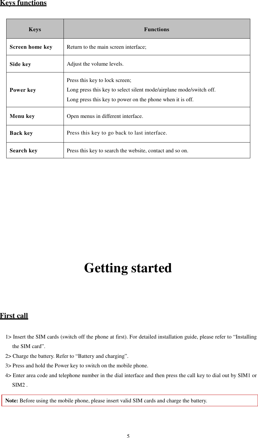   5Keys functions Keys Functions Screen home key  Return to the main screen interface; Side key Adjust the volume levels. Power key Press this key to lock screen; Long press this key to select silent mode/airplane mode/switch off.   Long press this key to power on the phone when it is off. Menu key  Open menus in different interface. Back key  Press this key to go back to last interface. Search key  Press this key to search the website, contact and so on.          Getting started  First call 1&gt; Insert the SIM cards (switch off the phone at first). For detailed installation guide, please refer to “Installing the SIM card”.   2&gt; Charge the battery. Refer to “Battery and charging”.   3&gt; Press and hold the Power key to switch on the mobile phone.   4&gt; Enter area code and telephone number in the dial interface and then press the call key to dial out by SIM1 or SIM2 .   Note: Before using the mobile phone, please insert valid SIM cards and charge the battery.    