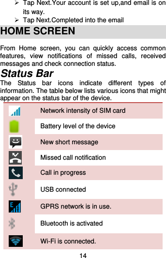  14   Tap Next.Your account is set up,and email is on its way.   Tap Next.Completed into the email HOME SCREEN From  Home  screen,  you  can  quickly  access  common features,  view  notifications  of  missed  calls,  received messages and check connection status. Status Bar The  Status  bar  icons  indicate  different  types  of information. The table below lists various icons that might appear on the status bar of the device.  Network intensity of SIM card    Battery level of the device  New short message  Missed call notification  Call in progress  USB connected  GPRS network is in use.  Bluetooth is activated  Wi-Fi is connected. 