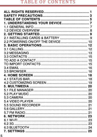     5    TA B L E OF  C ON TENTS   ALL RIGHTS RESERVED............................................. 1 SAFETY PRECAUTIONS.............................................. 3 TABLE OF CONTENTS ................................................ 5 1. UNDERSTANDING YOUR DEVICE ........................... 7 1.1 GENERAL INFO .............................................................. 7 1.2 DEVICE OVERVIEW ....................................................... 8 2. GETTING STARTED................................................. 9 2.1 INSTALLING CARDS &amp; BATTERY ................................. 9 2.2 POWERING ON/OFF THE DEVICE .............................. 10 3. BASIC OPERATIONS ............................................. 12 3.1 CALLING ........................................................................ 12 3.2 MESSAGING ................................................................. 13 3.3 CONTACTS ................................................................... 15 TO ADD A CONTACT .......................................................... 15 TO IMPORT CONTACTS .................................................... 15 3.4 EMAIL ............................................................................ 16 3.5 BROWSER..................................................................... 16 4. HOME SCREEN ..................................................... 18 4.1 STATUS BAR................................................................. 18 4.2 CUSTOMIZING SCREEN .............................................. 19 5. MULTIMEDIA ......................................................... 20 5.1 FILE MANAGER ............................................................ 20 5.2 PLAY MUSIC ................................................................. 20 5.3 CAMERA ........................................................................ 20 5.4 VIDEO PLAYER ............................................................. 20 5.5 SOUND RECORDER .................................................... 21 5.6 GALLERY....................................................................... 21 5.7 FM RADIO...................................................................... 21 6. NETWORK ............................................................. 23 6.1 WI-FI .............................................................................. 23 6.2 3G .................................................................................. 23 6.3 BLUETOOTH ................................................................. 24 7. SETTINGS ............................................................. 25 