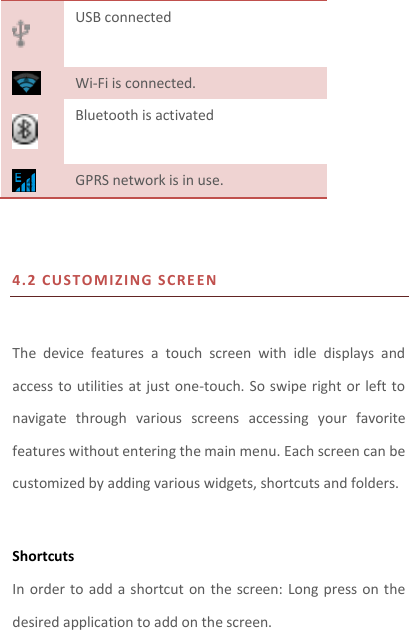  USB connected  Wi-Fi is connected.  Bluetooth is activated  GPRS network is in use.   4.2 CUS T OMIZI N G SCRE EN  The  device  features  a  touch  screen  with  idle  displays  and access to utilities at  just  one-touch. So swipe right or left to navigate  through  various  screens  accessing  your  favorite features without entering the main menu. Each screen can be customized by adding various widgets, shortcuts and folders.    Shortcuts In order to add a shortcut on the screen: Long  press  on  the desired application to add on the screen. 