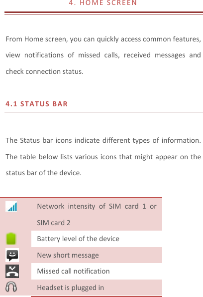 4 .   H O M E   S C R E E N                                    From Home screen, you can quickly access common features, view  notifications  of  missed  calls,  received  messages  and check connection status.  4.1 S T A T US BA R   The Status  bar  icons  indicate different types  of  information. The table below lists various icons that might appear on the status bar of the device.   Network  intensity  of  SIM  card  1  or SIM card 2  Battery level of the device  New short message  Missed call notification  Headset is plugged in 