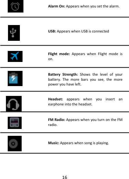 16  Alarm On: Appears when you set the alarm.  USB: Appears when USB is connected  Flight  mode:  Appears  when  Flight  mode  is on.   Battery  Strength:  Shows  the  level  of  your battery.  The  more  bars  you  see,  the  more power you have left.  Headset:  appears  when  you  insert  an earphone into the headset.  FM Radio: Appears when you turn on the FM radio.  Music: Appears when song is playing.     