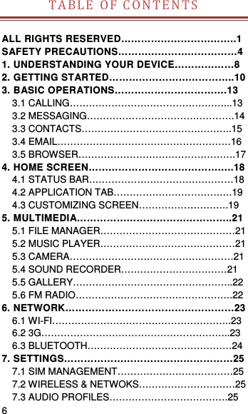    6   TABLEOFCONTENTS ALL RIGHTS RESERVED……………………………..1 SAFETY PRECAUTIONS………………………………4 1. UNDERSTANDING YOUR DEVICE………………8 2. GETTING STARTED………………………………..10 3. BASIC OPERATIONS…………………………….13 3.1 CALLING…………………………………………...13 3.2 MESSAGING……………………………………….14 3.3 CONTACTS………………………………………..15 3.4 EMAIL………………………………………………16 3.5 BROWSER………………………………………….17 4. HOME SCREEN……………………………………..18 4.1 STATUS BAR………………………………………18 4.2 APPLICATION TAB……………………………….19 4.3 CUSTOMIZING SCREEN……………………….19 5. MULTIMEDIA………………………………………..21 5.1 FILE MANAGER……………………………………21 5.2 MUSIC PLAYER……………………………………21 5.3 CAMERA……………………………………………21 5.4 SOUND RECORDER……………………………21 5.5 GALLERY…………………………………………..22 5.6 FM RADIO………………………………………….22 6. NETWORK……………………………………………23 6.1 WI-FI………………………………………………..23 6.2 3G…………………………………………………..23 6.3 BLUETOOTH………………………………………24 7. SETTINGS……………………………………………25 7.1 SIM MANAGEMENT………………………………25 7.2 WIRELESS &amp; NETWOKS…………………………25 7.3 AUDIO PROFILES……………………………….25 