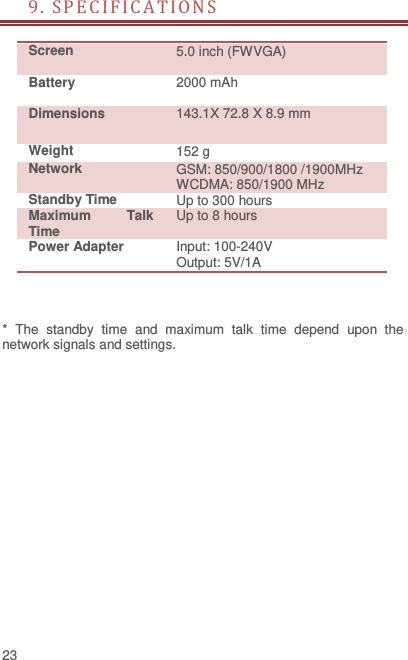  23 9. SPEC IF ICA T I O N S                                  Screen   5.0 inch (FWVGA) Battery   2000 mAh Dimensions 143.1X 72.8 X 8.9 mm Weight 152 g Network GSM: 850/900/1800 /1900MHz WCDMA: 850/1900 MHz Standby Time Up to 300 hours Maximum  Talk Time Up to 8 hours Power Adapter Input: 100-240V Output: 5V/1A  *  The  standby  time  and  maximum  talk  time  depend  upon  the network signals and settings.  