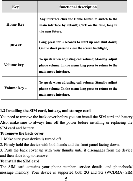   5 Key functional description Home Key Any interface click the Home button to switch to the main interface by default; Click on the time, long in the near future. power Long press for 3 seconds to start up and shut down; On the short press to close the screen backlight。 Volume key + To speak when adjusting call volume; Standby adjust phone volume; In the menu long press to return to the main menu interface。 Volume key - To speak when adjusting call volume; Standby adjust phone volume; In the menu long press to return to the main menu interface。  1.2 Installing the SIM card, battery, and storage card You need to remove the back cover before you can install the SIM card and battery. Also, make  sure  to always  turn  off  the power before  installing or  replacing  the SIM card and battery. To remove the back cover   1. Make sure your device is turned off. 2. Firmly hold the device with both hands and the front panel facing down.   3. Push the back cover up with your thumbs until it disengages from the device and then slide it up to remove.   To install the SIM card   The  SIM  card  contains  your  phone  number,  service  details,  and  phonebook/ message  memory.  Your  device  is  supported  both  2G  and  3G  (WCDMA)  SIM 