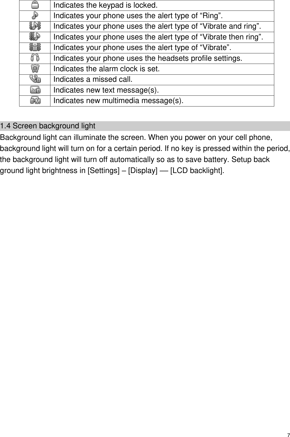   7  Indicates the keypad is locked.  Indicates your phone uses the alert type of “Ring”.  Indicates your phone uses the alert type of “Vibrate and ring”.  Indicates your phone uses the alert type of “Vibrate then ring”.  Indicates your phone uses the alert type of “Vibrate”.  Indicates your phone uses the headsets profile settings.  Indicates the alarm clock is set.  Indicates a missed call.  Indicates new text message(s).    Indicates new multimedia message(s).  1.4 Screen background light Background light can illuminate the screen. When you power on your cell phone, background light will turn on for a certain period. If no key is pressed within the period, the background light will turn off automatically so as to save battery. Setup back ground light brightness in [Settings] – [Display] –– [LCD backlight].