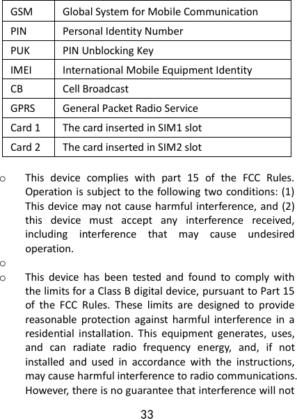 33 GSM Global System for Mobile Communication PIN Personal Identity Number PUK PIN Unblocking Key IMEI International Mobile Equipment Identity   CB Cell Broadcast   GPRS General Packet Radio Service Card 1 The card inserted in SIM1 slot Card 2 The card inserted in SIM2 slot  o This  device  complies  with  part  15  of  the  FCC  Rules. Operation is subject to the following two conditions: (1) This device may not cause harmful interference, and (2) this  device  must  accept  any  interference  received, including  interference  that  may  cause  undesired operation. o  o This  device  has  been  tested  and  found  to  comply  with the limits for a Class B digital device, pursuant to Part 15 of  the  FCC  Rules.  These  limits  are  designed  to  provide reasonable  protection  against  harmful  interference  in  a residential  installation.  This  equipment  generates,  uses, and  can  radiate  radio  frequency  energy,  and,  if  not installed  and  used  in  accordance  with  the  instructions, may cause harmful interference to radio communications. However, there is no guarantee that interference will not 