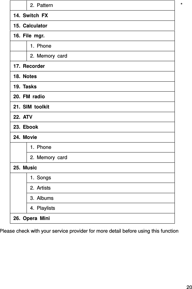  20 *                         Please check with your service provider for more detail before using this function  2.  Pattern 14.  Switch  FX 15.  Calculator 16.  File  mgr.  1.  Phone  2.  Memory  card 17.  Recorder 18.  Notes 19.  Tasks 20.  FM  radio 21.  SIM  toolkit 22.  ATV 23.  Ebook 24.  Movie  1.  Phone 2.  Memory  card 25.  Music  1.  Songs 2.  Artists 3.  Albums 4.  Playlists 26.  Opera  Mini 