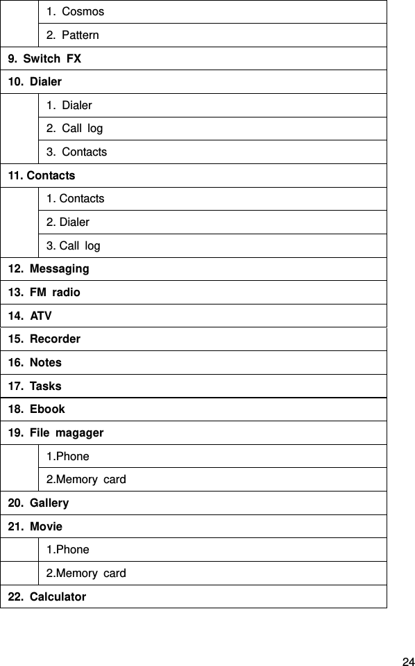  24   1. Cosmos 2. Pattern 9. Switch FX 10. Dialer  1. Dialer 2. Call log 3. Contacts 11. Contacts  1. Contacts 2. Dialer 3. Call  log 12. Messaging 13. FM radio 14. ATV 15. Recorder 16. Notes 17. Tasks 18. Ebook 19. File magager  1.Phone 2.Memory card 20. Gallery 21. Movie  1.Phone  2.Memory card 22. Calculator 