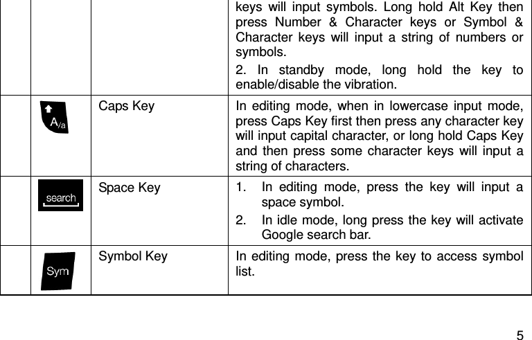  5 keys  will  input  symbols.  Long  hold  Alt  Key  then press  Number  &amp;  Character  keys  or  Symbol  &amp; Character  keys  will  input  a  string  of  numbers  or symbols. 2.  In  standby  mode,  long  hold  the  key  to enable/disable the vibration.     Caps Key   In editing mode,  when in  lowercase input  mode, press Caps Key first then press any character key will input capital character, or long hold Caps Key and then  press  some  character  keys  will input  a string of characters.   Space Key 1.  In  editing  mode,  press  the  key  will  input  a space symbol. 2.  In idle mode, long press the key will activate Google search bar.   Symbol Key In editing mode, press the key to access symbol list. 