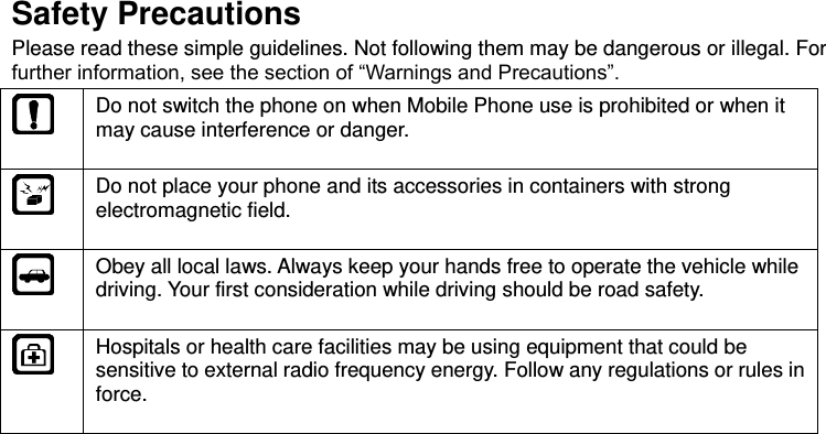  Safety Precautions Please read these simple guidelines. Not following them may be dangerous or illegal. For further information, see the section of “Warnings and Precautions”.  Do not switch the phone on when Mobile Phone use is prohibited or when it may cause interference or danger.  Do not place your phone and its accessories in containers with strong electromagnetic field.  Obey all local laws. Always keep your hands free to operate the vehicle while driving. Your first consideration while driving should be road safety.  Hospitals or health care facilities may be using equipment that could be sensitive to external radio frequency energy. Follow any regulations or rules in force. 