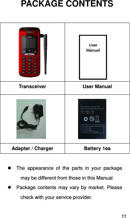 11 PACKAGE CONTENTS               Transceiver   User Manual            Adapter / Charger Battery 1ea                                      The appearance of the parts in your package may be different from those in this Manual.   Package contents may vary by market. Please check with your service provider. 