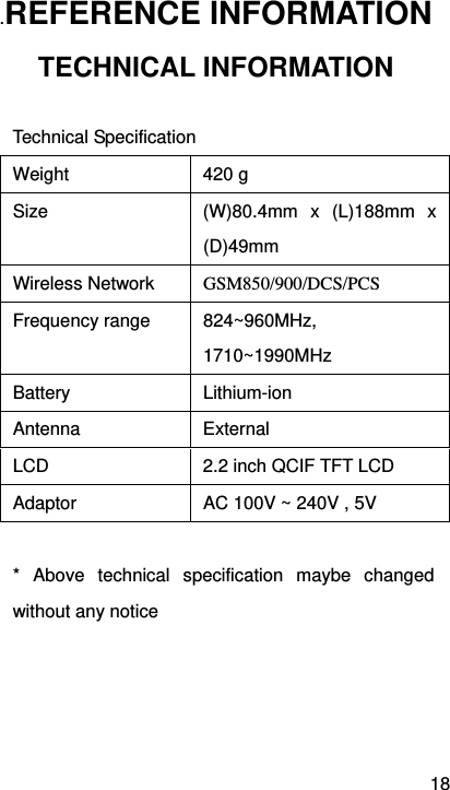 18 .REFERENCE INFORMATION TECHNICAL INFORMATION  Technical Specification Weight 420 g Size  (W)80.4mm x (L)188mm x (D)49mm  Wireless Network  GSM850/900/DCS/PCS Frequency range  824~960MHz, 1710~1990MHz Battery Lithium-ion Antenna External LCD  2.2 inch QCIF TFT LCD Adaptor  AC 100V ~ 240V , 5V  * Above technical specification maybe changed without any notice 