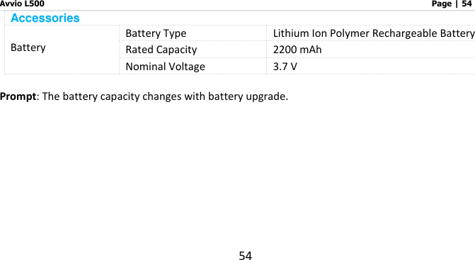 Avvio L500                         Page | 54 54 Accessories Battery Battery Type Lithium Ion Polymer Rechargeable Battery Rated Capacity 2200 mAh Nominal Voltage 3.7 V  Prompt: The battery capacity changes with battery upgrade.     