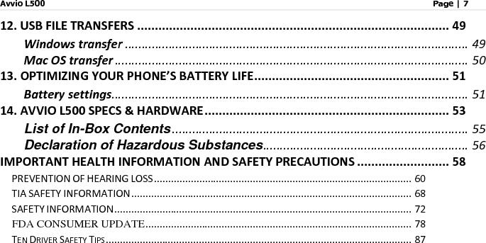 Avvio L500                         Page | 8   CONSUMER INFORMATION ON SAR (SPECIFIC ABSORPTION RATE) ................................ 90 