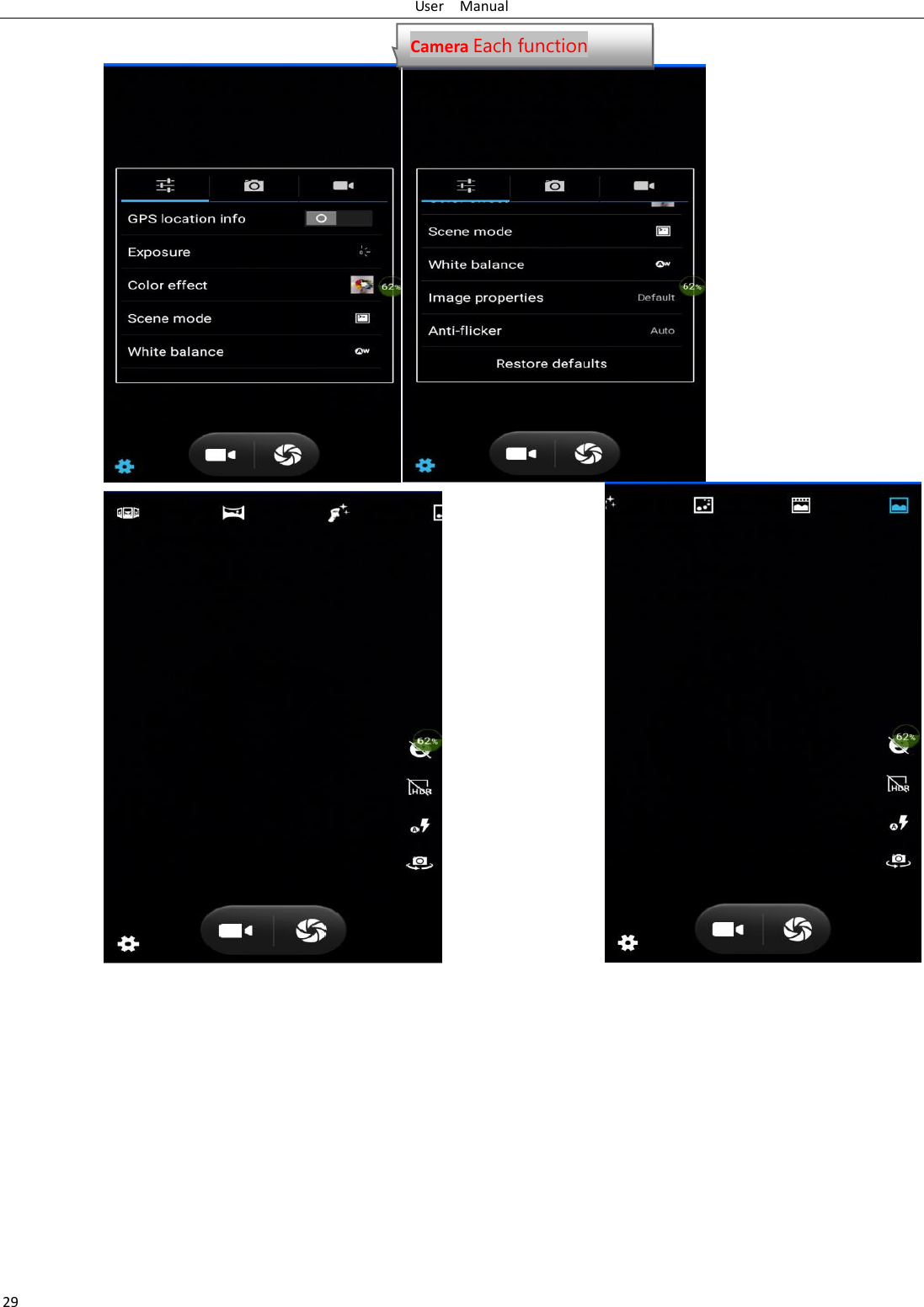 User    Manual 29    Camera Each function Each function  