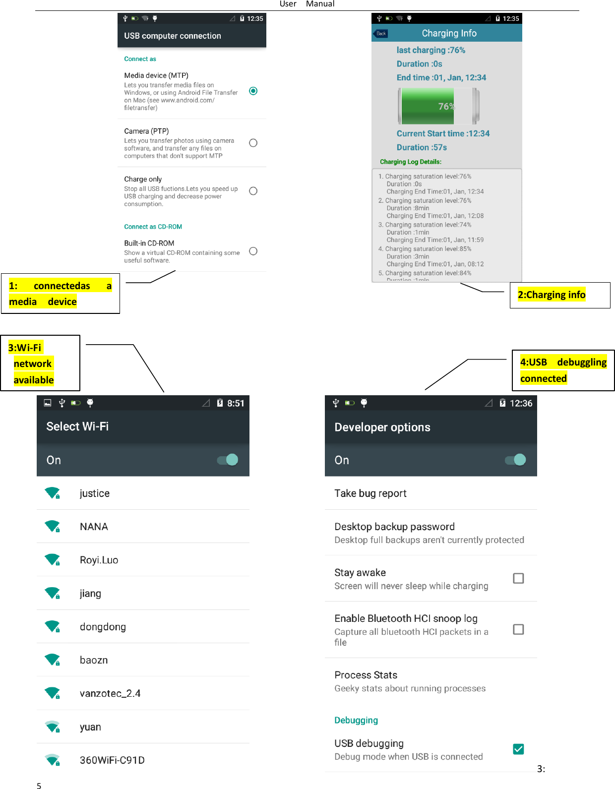 User    Manual 5                                                                                   3: 1:  connectedas  a media    device 2:Charging info 3:Wi-Fi network available 4:USB  debuggling connected 