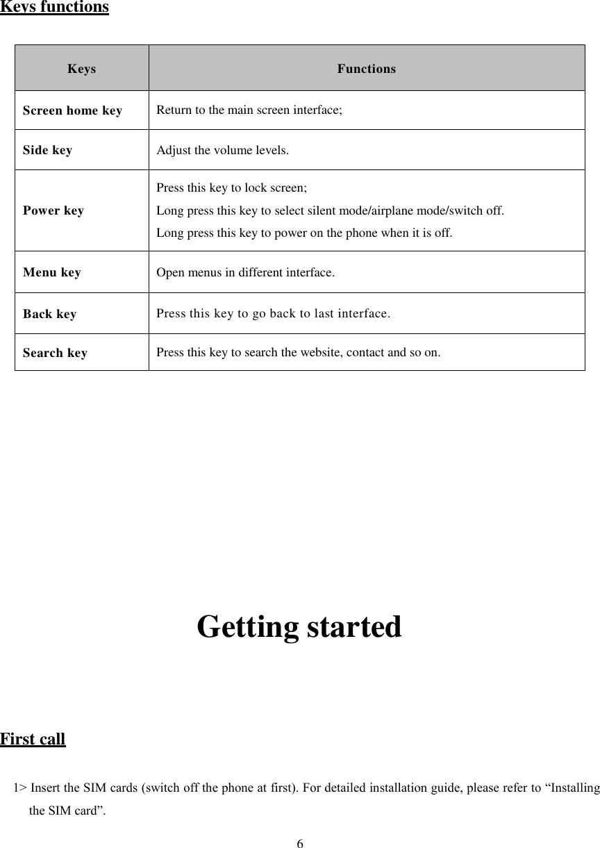   6        Keys functions Keys Functions Screen home key Return to the main screen interface; Side key Adjust the volume levels. Power key Press this key to lock screen; Long press this key to select silent mode/airplane mode/switch off.   Long press this key to power on the phone when it is off. Menu key Open menus in different interface. Back key Press this key to go back to last interface. Search key Press this key to search the website, contact and so on.          Getting started  First call 1&gt; Insert the SIM cards (switch off the phone at first). For detailed installation guide, please refer to “Installing the SIM card”.   