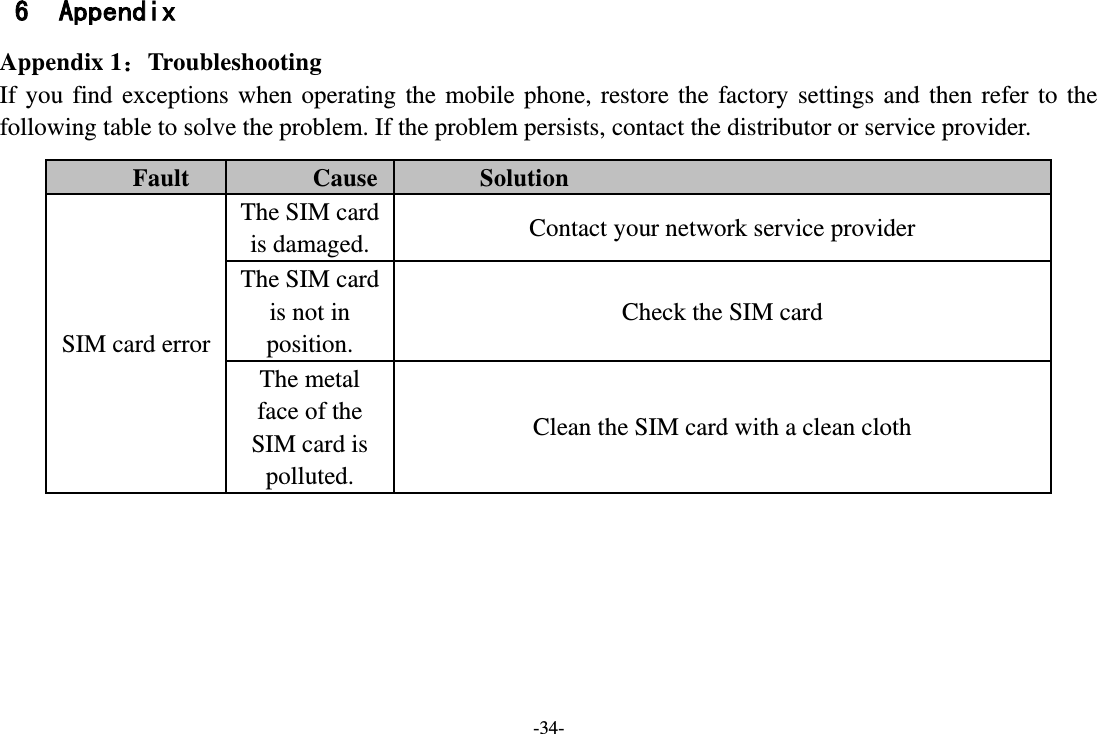 -34- 6 Appendix Appendix 1：Troubleshooting If  you  find  exceptions  when  operating  the  mobile  phone, restore  the  factory settings  and  then refer  to  the following table to solve the problem. If the problem persists, contact the distributor or service provider. Fault Cause Solution SIM card error The SIM card is damaged. Contact your network service provider The SIM card is not in position. Check the SIM card The metal face of the SIM card is polluted. Clean the SIM card with a clean cloth 