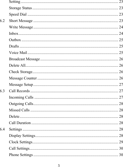  3Setting ...................................................................................................  23 Storage Status ....................................................................................... 23 Speed Dial ............................................................................................ 23 6.2 Short Message ...................................................................................... 23 Write Message ...................................................................................... 24 Inbox .....................................................................................................  24 Outbox .................................................................................................. 25 Drafts .................................................................................................... 25 Voice Mail ............................................................................................ 25 Broadcast Message ............................................................................... 26 Delete All .............................................................................................. 26 Check Storage ....................................................................................... 26 Message Counter .................................................................................. 26 Message Setup ...................................................................................... 27 6.3 Call Records ......................................................................................... 27 Incoming Calls ..................................................................................... 27 Outgoing Calls ...................................................................................... 28 Missed Calls ......................................................................................... 28 Delete ....................................................................................................  28 Call Duration ........................................................................................ 28 6.4 Settings ................................................................................................. 28 Display Settings .................................................................................... 28 Clock Settings ....................................................................................... 29 Call Settings.......................................................................................... 30 Phone Settings ...................................................................................... 30 