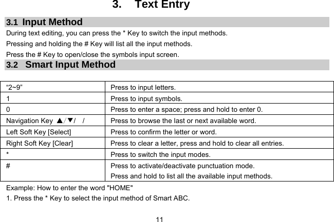 11   3. Text Entry 3.1  Input Method During text editing, you can press the * Key to switch the input methods. Pressing and holding the # Key will list all the input methods. Press the # Key to open/close the symbols input screen. 3.2  Smart Input Method  “2~9”     Press to input letters. 1  Press to input symbols. 0  Press to enter a space; press and hold to enter 0. Navigation Key ▲/▼//  Press to browse the last or next available word. Left Soft Key [Select]  Press to confirm the letter or word. Right Soft Key [Clear]  Press to clear a letter, press and hold to clear all entries. *  Press to switch the input modes. #  Press to activate/deactivate punctuation mode.     Press and hold to list all the available input methods. Example: How to enter the word &quot;HOME&quot; 1. Press the * Key to select the input method of Smart ABC. 