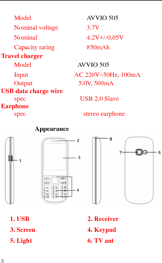   3     Model                AVVIO 505 Nominal voltage     3.7V Nominal              4.2V+/-0.05V Capacity rating     850mAh Travel charger     Model              AVVIO 505 Input              AC 220V~50Hz, 100mA  Output              5.0V, 500mA USB data charge wire  spec             USB 2.0 Slave Earphone  spec              stereo earphone Appearance   1. USB  2. Receiver   3. Screen  4. Keypad   5. Light  6. TV ant 