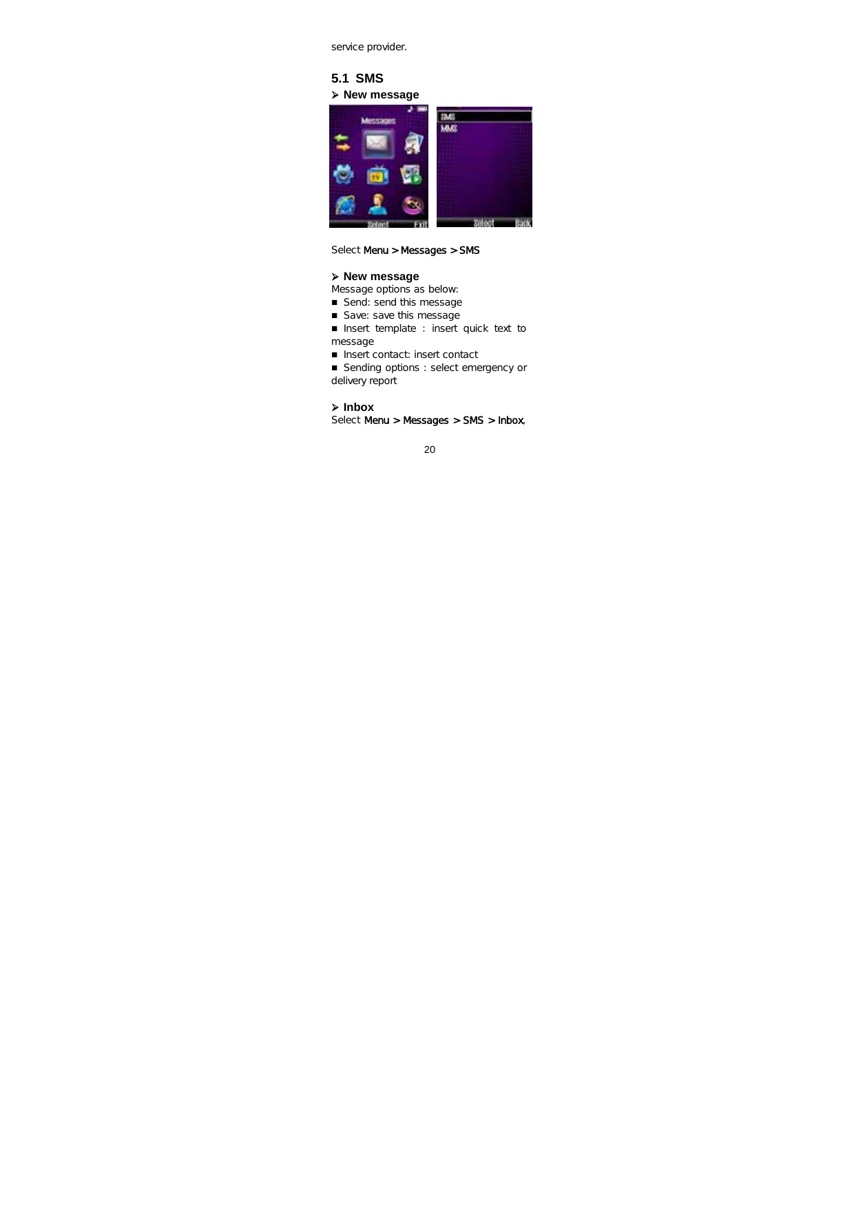  20   service provider.  5.1 SMS ¾ New message          Select Menu &gt; Messages &gt; SMS    ¾ New message   Message options as below:  Send: send this message  Save: save this message  Insert  template  :  insert  quick  text  to message  Insert contact: insert contact  Sending options : select emergency or delivery report  ¾ Inbox Select Menu &gt; Messages &gt; SMS &gt; Inbox, 