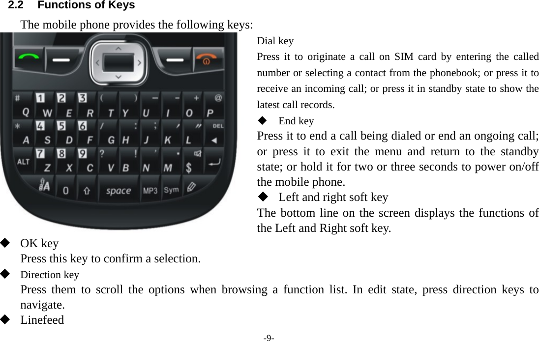 -9-  2.2  Functions of Keys The mobile phone provides the following keys: Dial key Press it to originate a call on SIM card by entering the called number or selecting a contact from the phonebook; or press it to receive an incoming call; or press it in standby state to show the latest call records.  End key Press it to end a call being dialed or end an ongoing call; or press it to exit the menu and return to the standby state; or hold it for two or three seconds to power on/off the mobile phone.  Left and right soft key The bottom line on the screen displays the functions of the Left and Right soft key.  OK key Press this key to confirm a selection.  Direction key Press them to scroll the options when browsing a function list. In edit state, press direction keys to navigate.   Linefeed End key Right soft key MP3 key OK key 