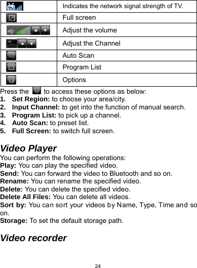   24 Indicates the network signal strength of TV.  Full screen Adjust the volume  Adjust the Channel  Auto Scan  Program List  Options Press the    to access these options as below: 1. Set Region: to choose your area/city. 2. Input Channel: to get into the function of manual search. 3. Program List: to pick up a channel. 4. Auto Scan: to preset list. 5. Full Screen: to switch full screen.  Video Player You can perform the following operations: Play: You can play the specified video. Send: You can forward the video to Bluetooth and so on. Rename: You can rename the specified video. Delete: You can delete the specified video. Delete All Files: You can delete all videos. Sort by: You can sort your videos by Name, Type, Time and so on. Storage: To set the default storage path.  Video recorder 