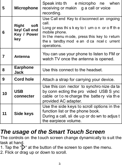   35 Microphone Speak into th e micropho ne when receiving or makin g a call or voice  recording. 6 Right soft key/ Call end Key / Power key Use Call end  Key to d isconnect an ongoing call.  Long pr ess thi s k ey to t urn o n or o ff th e mobile phone. In t he menu m ode, press this  key  to  r eturn the s tandby mod e an d ca ncel c urrent operations. 7  Antenna  You can use your phone to listen to FM or watch TV once the antenna is opened. 8  Earphone Jack  Use this connect to the headset. 9 Cord hole Attach a strap for carrying your device. 10  USB connecter Use this con nector to synchro nize da ta by conn ecting the pro vided USB S ync cable or t o re charge the  batte ry via th e provided AC adapter. 11 Side keys Use the side keys to scroll options in the function list or the phone book. During a call, sli de u p or do wn to adjus t the earpiece volume.  The usage of the Smart Touch Screen The controls on the touch screen change dynamically to suit the task at hand. 1. Tap the “    “ at the button of the screen to open the menu. 2. Flick or drag up or down to scroll.   