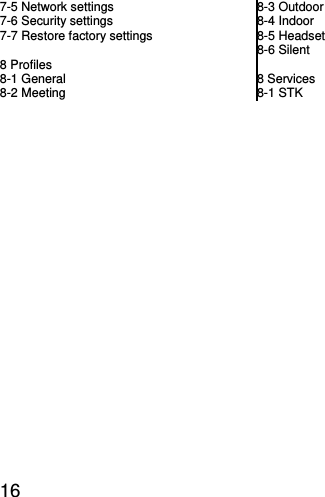  16 7-5 Network settings 7-6 Security settings 7-7 Restore factory settings  8 Profiles 8-1 General 8-2 Meeting 8-3 Outdoor 8-4 Indoor 8-5 Headset   8-6 Silent  8 Services 8-1 STK   