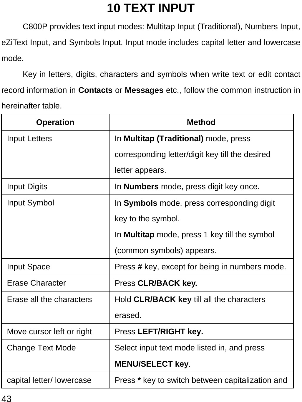  43 10 TEXT INPUT C800P provides text input modes: Multitap Input (Traditional), Numbers Input, eZiText Input, and Symbols Input. Input mode includes capital letter and lowercase mode.  Key in letters, digits, characters and symbols when write text or edit contact record information in Contacts or Messages etc., follow the common instruction in hereinafter table. Operation Method Input Letters  In Multitap (Traditional) mode, press corresponding letter/digit key till the desired letter appears. Input Digits  In Numbers mode, press digit key once.   Input Symbol  In Symbols mode, press corresponding digit key to the symbol.   In Multitap mode, press 1 key till the symbol (common symbols) appears. Input Space  Press # key, except for being in numbers mode.Erase Character  Press CLR/BACK key. Erase all the characters  Hold CLR/BACK key till all the characters erased. Move cursor left or right    Press LEFT/RIGHT key.  Change Text Mode  Select input text mode listed in, and press MENU/SELECT key. capital letter/ lowercase  Press * key to switch between capitalization and 