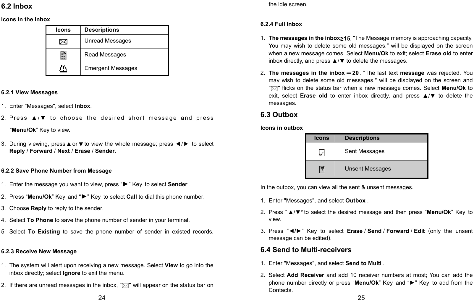  24 6.2 Inbox Icons in the inbox Icons Descriptions  Unread Messages  Read Messages  Emergent Messages 6.2.1 View Messages 1. Enter &quot;Messages&quot;, select Inbox. 2. P r e s s  ▲/▼ to choose the desired short message and press    “Menu/Ok” Key to view. 3.  During viewing, press ▲ or ▼ to view the whole message; press e/f to select Reply / Forward / Next / Erase / Sender. 6.2.2 Save Phone Number from Message 1.  Enter the message you want to view, press “►” Key to select Sender . 2. Press “Menu/Ok” Key and “►” Key to select Call to dial this phone number. 3. Choose Reply to reply to the sender. 4. Select To Phone to save the phone number of sender in your terminal. 5. Select To Existing to save the phone number of sender in existed records. 6.2.3 Receive New Message 1.  The system will alert upon receiving a new message. Select View to go into the inbox directly; select Ignore to exit the menu. 2.  If there are unread messages in the inbox, &quot;&quot; will appear on the status bar on  25 the idle screen. 6.2.4 Full Inbox 1.  The messages in the inbox ≥ 15. &quot;The Message memory is approaching capacity. You may wish to delete some old messages.&quot; will be displayed on the screen when a new message comes. Select Menu/Ok to exit; select Erase old to enter inbox directly, and press ▲/▼ to delete the messages. 2.  The messages in the inbox ＝ 20 . &quot;The last text message was rejected. You may wish to delete some old messages.&quot; will be displayed on the screen and &quot;&quot; flicks on the status bar when a new message comes. Select Menu/Ok to exit, select Erase old to enter inbox directly, and press ▲/▼ to delete the messages. 6.3 Outbox Icons in outbox Icons  Descriptions  Sent Messages  Unsent Messages In the outbox, you can view all the sent &amp; unsent messages. 1.  Enter &quot;Messages&quot;, and select Outbox . 2. Press “ ▲/▼” to select the desired message and then press “Menu/Ok” Key to view. 3. Press “◄/►” Key to select Erase / Send / Forward / Edit (only the unsent message can be edited). 6.4 Send to Multi-receivers 1.  Enter &quot;Messages&quot;, and select Send to Multi . 2. Select Add Receiver and add 10 receiver numbers at most; You can add the phone number directly or press “Menu/Ok” Key and “►” Key to add from the Contacts. 