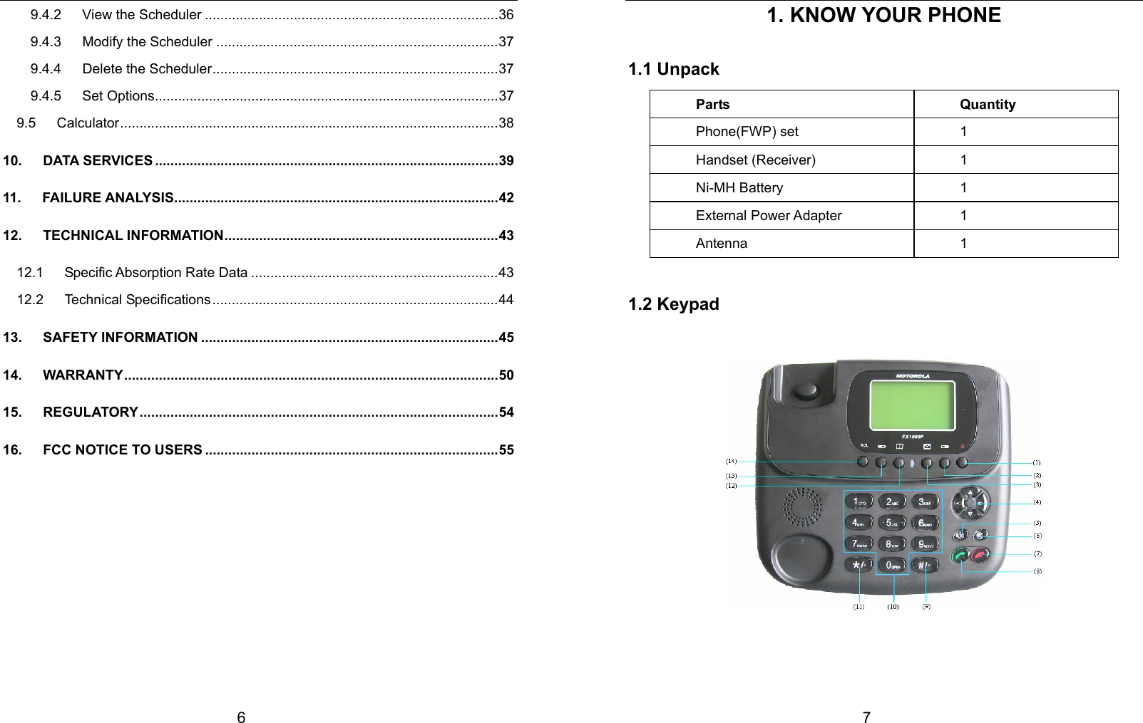  6 9.4.2   View the Scheduler ............................................................................36 9.4.3   Modify the Scheduler .........................................................................37 9.4.4   Delete the Scheduler..........................................................................37 9.4.5   Set Options.........................................................................................37 9.5   Calculator..................................................................................................38 10.   DATA SERVICES .........................................................................................39 11.   FAILURE ANALYSIS....................................................................................42 12.   TECHNICAL INFORMATION.......................................................................43 12.1   Specific Absorption Rate Data ................................................................43 12.2   Technical Specifications..........................................................................44 13.   SAFETY INFORMATION .............................................................................45 14.   WARRANTY.................................................................................................50 15.   REGULATORY.............................................................................................54 16.   FCC NOTICE TO USERS ............................................................................55          7 1. KNOW YOUR PHONE 1.1 Unpack Parts Quantity Phone(FWP) set  1 Handset (Receiver)  1 Ni-MH Battery  1 External Power Adapter  1 Antenna 1  1.2 Keypad     