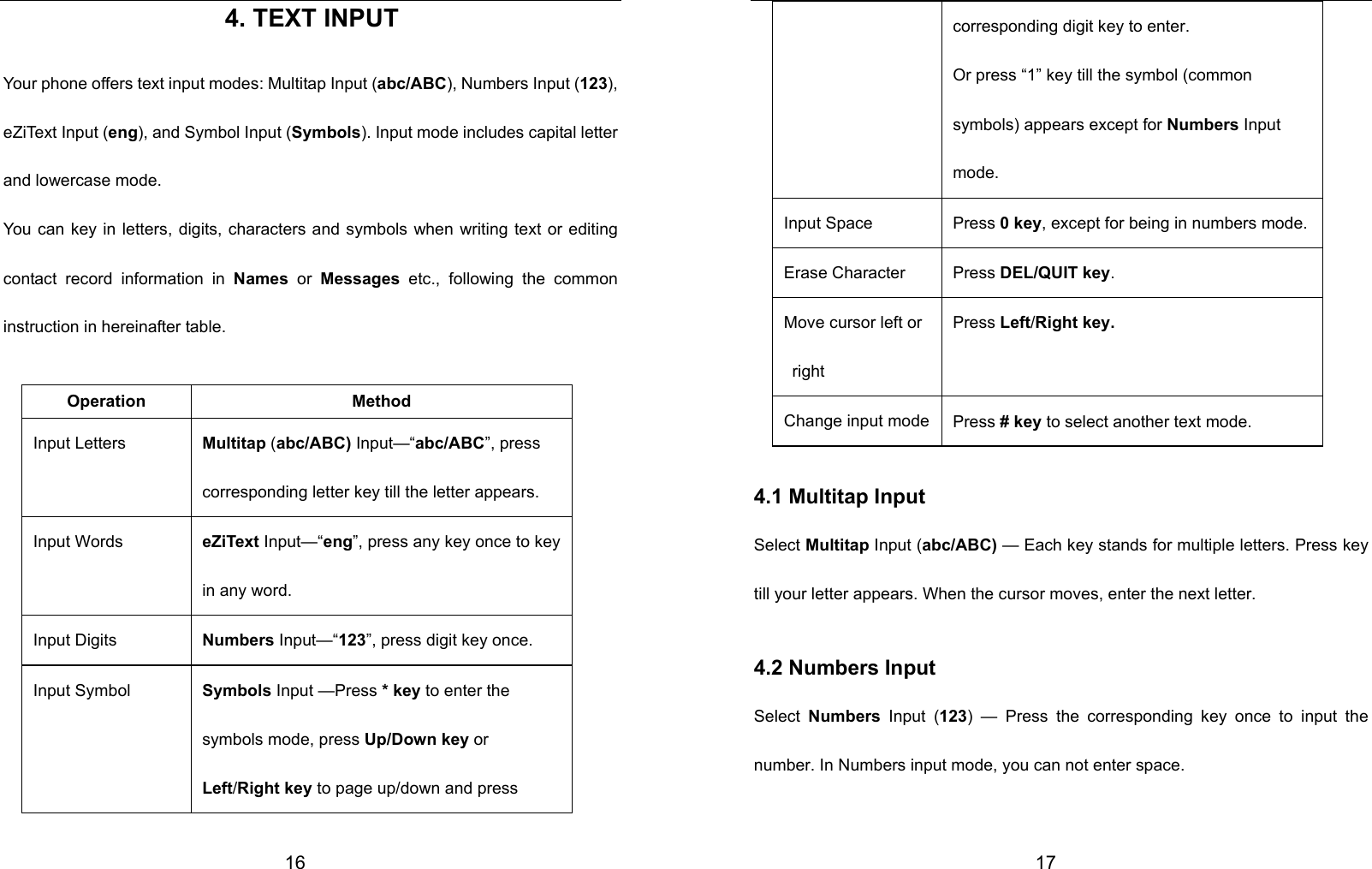  16 4. TEXT INPUT Your phone offers text input modes: Multitap Input (abc/ABC), Numbers Input (123), eZiText Input (eng), and Symbol Input (Symbols). Input mode includes capital letter and lowercase mode. You can key in letters, digits, characters and symbols when writing text or editing contact record information in Names  or  Messages etc., following the common instruction in hereinafter table.    Operation Method Input Letters  Multitap (abc/ABC) Input—“abc/ABC”, press corresponding letter key till the letter appears. Input Words  eZiText Input—“eng”, press any key once to key in any word. Input Digits  Numbers Input—“123”, press digit key once.   Input Symbol  Symbols Input —Press * key to enter the symbols mode, press Up/Down key or Left/Right key to page up/down and press  17 corresponding digit key to enter. Or press “1” key till the symbol (common symbols) appears except for Numbers Input mode. Input Space  Press 0 key, except for being in numbers mode. Erase Character  Press DEL/QUIT key. Move cursor left or right  Press Left/Right key.  Change input mode Press # key to select another text mode. 4.1 Multitap Input Select Multitap Input (abc/ABC) — Each key stands for multiple letters. Press key till your letter appears. When the cursor moves, enter the next letter.   4.2 Numbers Input Select  Numbers  Input (123) — Press the corresponding key once to input the number. In Numbers input mode, you can not enter space. 